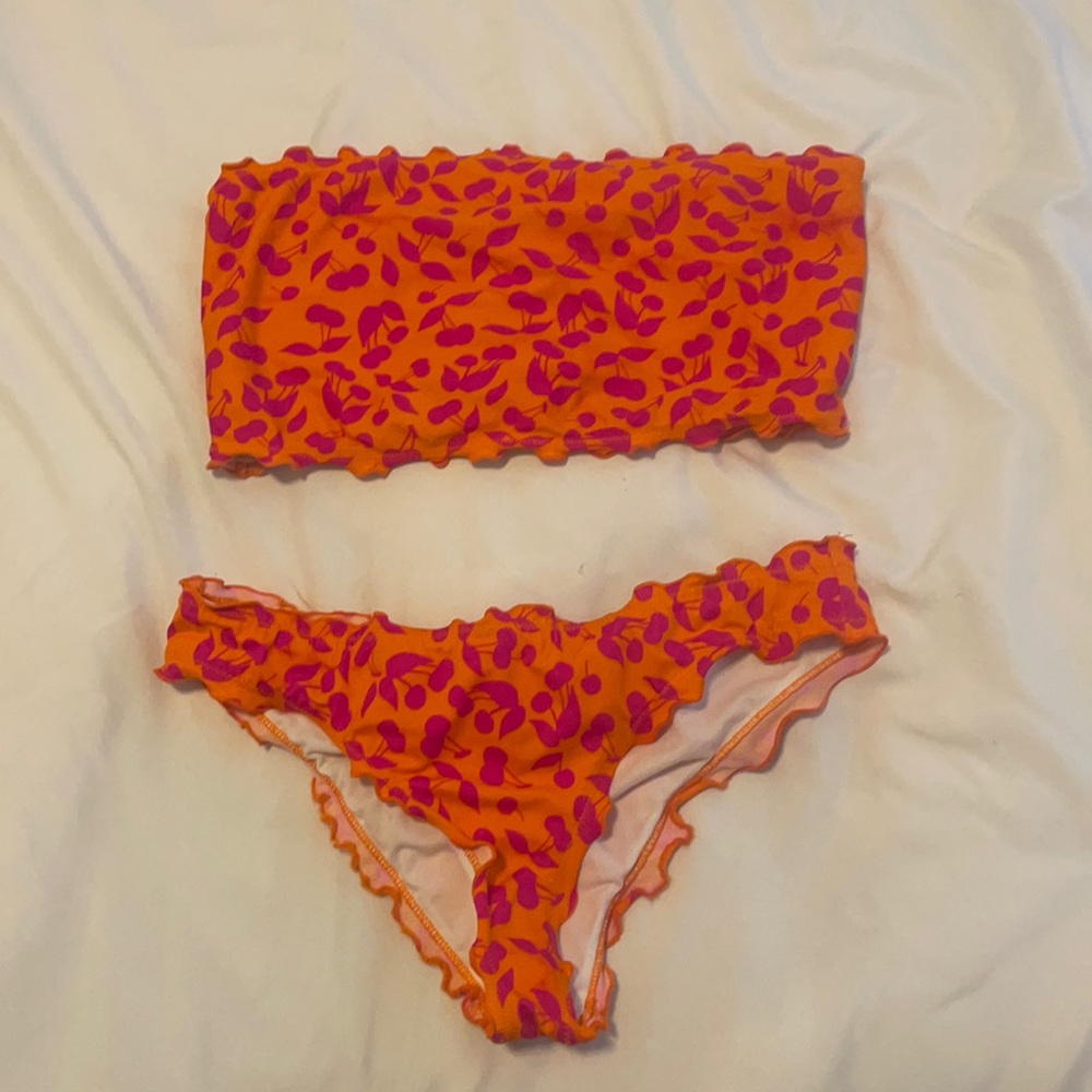 neon cherry strapless bikini 🍒